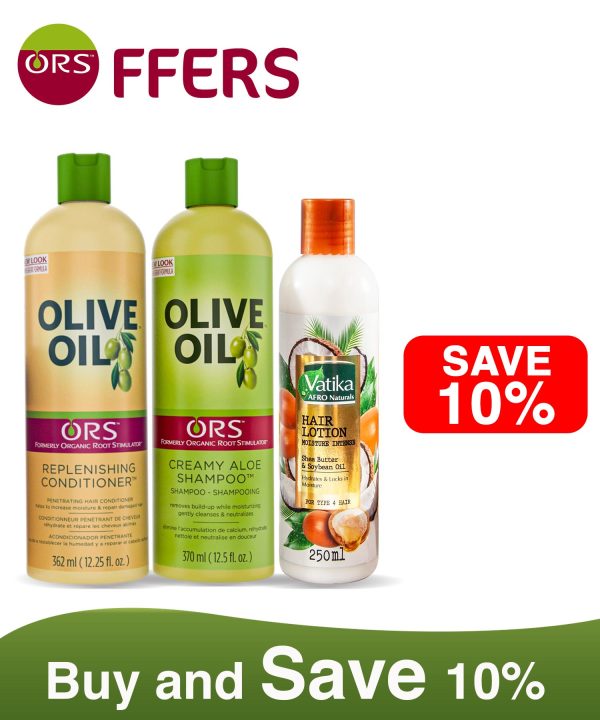 ORS Olive oil shampoo, conditioner and Vatika hair lotion